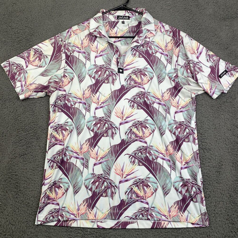 Bad Birdie Polo Shirt Mens Large Purple Tropical Floral Golf Performance Stretch